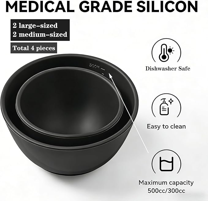 Bigwinyep 4Pcs Silicone Mixing Bowl DIY Hair Color Mixing Bowls for Home Salon Spa Face Skin Applicator Bowl, Black