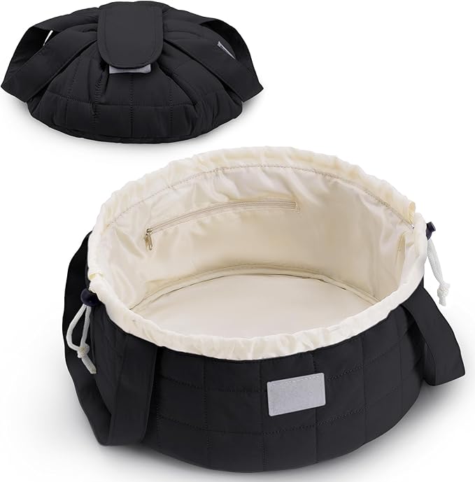 Narwey Lay Flat Open Drawstring Puffer Makeup Bag, Large Quilted Cosmetic Bag for Women Girls, Cute Make up Bags with Handle, Travel Toiletry Bag for Skincare, Brushes & Travel Essentials (Black)