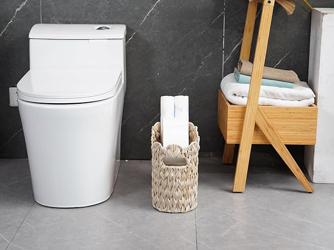 Coeusy Toilet Paper Storage Basket,Boho Decorative Scalloped Baskets,Coastal Bathroom Decor,Hand-Woven Plastic Wicker Bathroom Accessories Organizer