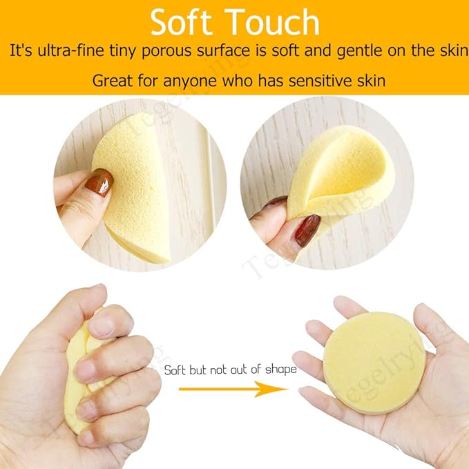 Facial Sponge Compressed,120 Count PVA Professional Makeup Removal Round Face Wash Sponges Spa Pads Exfoliating Cleansing for Women,Yellow