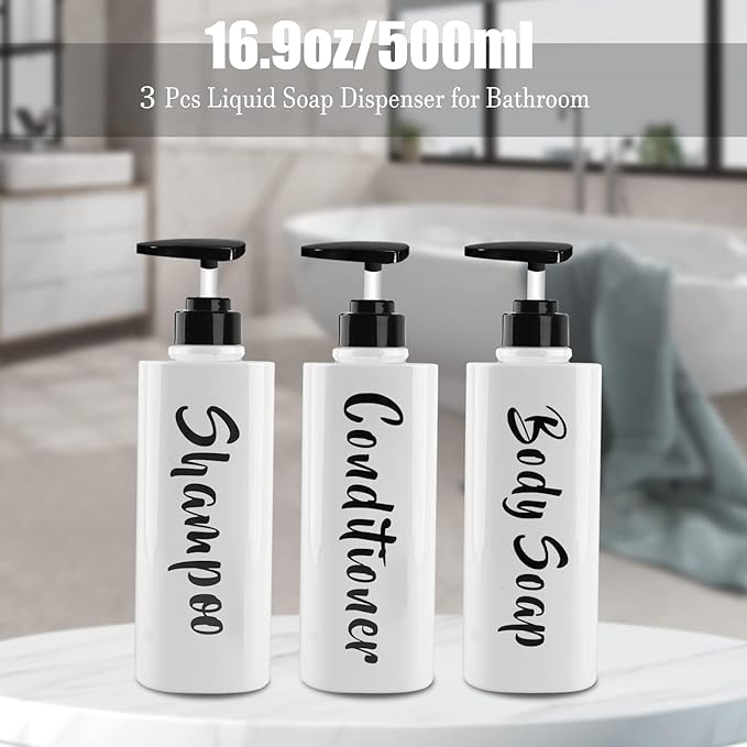 AUMIO 16.9oz Shampoo and Conditioner Dispenser Set of 3-Printed Shower Soap Dispenser Plastic Shampoo Bottles Refillable with Pump - Shampoo Conditioner Body Wash Dispenser for Bathroom Shower Wall