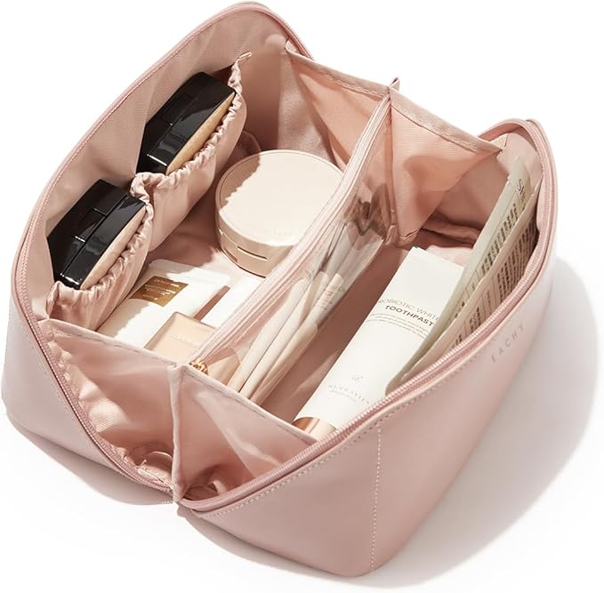 EACHY Travel Makeup Bag,Large Capacity Cosmetic Bags for Women,Waterproof Portable Pouch Open Flat Toiletry Bag Make up Organizer with Divider and Handle, Gifts for Women (Pink, Medium)