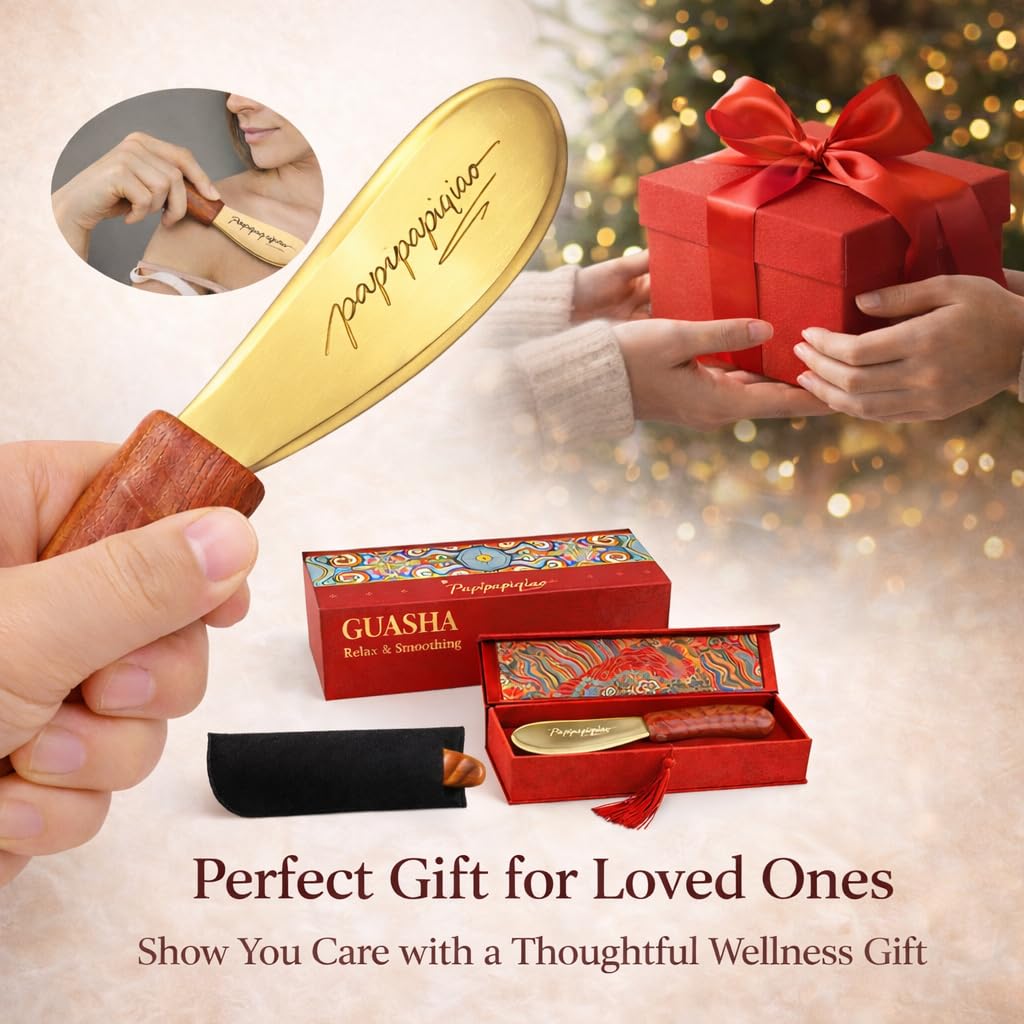 Papipapiqiao Copper Brass Gua Sha Muscle Scraper Tool with Wooden Handle – H62 Brass IASTM Soft Tissue Massage Tool for Fascia Release & Scar Tissue Relief – Deep Tissue Scraping Tool for Back & Body