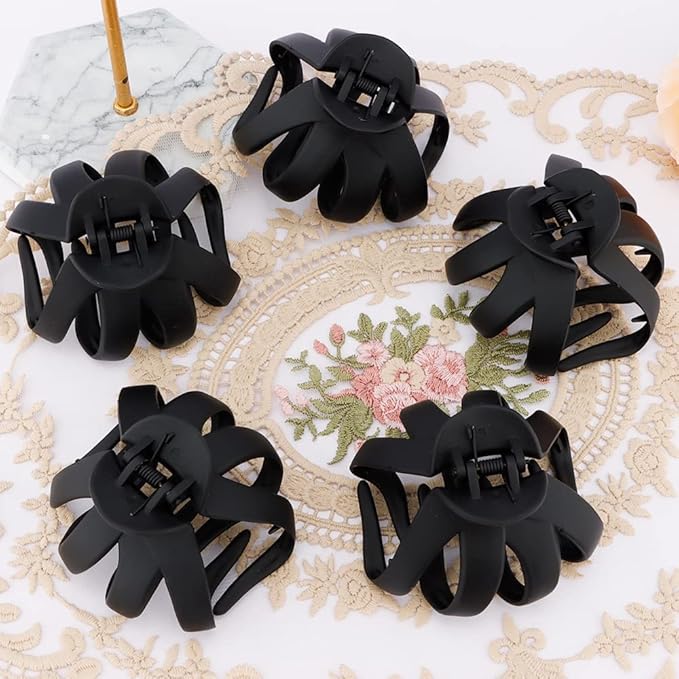 ATODEN Jumbo Octopus Hair Clips - 3.15" Matte Black Claw Clips for Long, Thick Hair (Pack of 5)