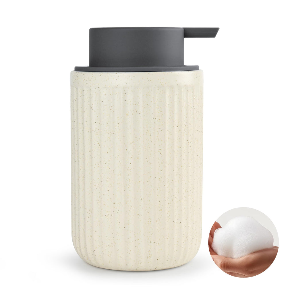 ABBI NIMO Beige Ceramic Foaming Soap Dispenser, Speckled Rippled 12 oz Bottle with Gray Silicone Pump, Foam Dispenser for Kitchen or Bathroom, Speckled Beige