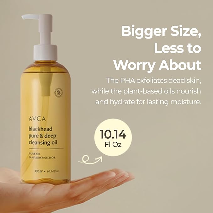 AVCA Blackhead Remover Cleansing Oil 10.14 fl oz (300 ml) – Makeup & Sebum-Dissolving Cleanser, PHA Gentle Exfoliator, Lightweight Pore Care, Korean Skincare for Normal & Oily Skin
