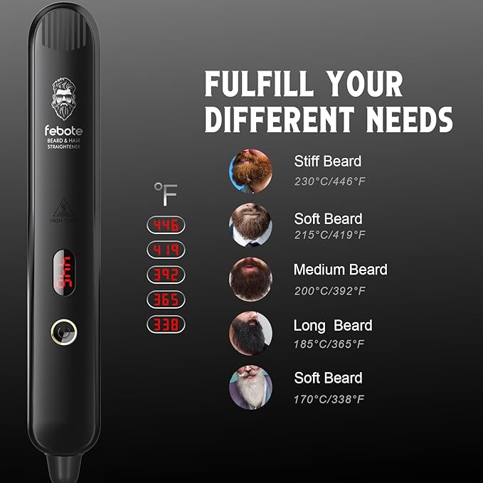 FEBOTE Heated Ionic Hair Straightening Brush for Men - 5 Temperature Settings, Anti-Scald, Beard Shaper & Travel Bag