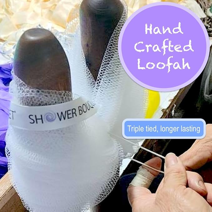 SHOWER BOUQUET 2-Sided Back-Loofah-with-Handle & 2 Bath Sponge Puff Set