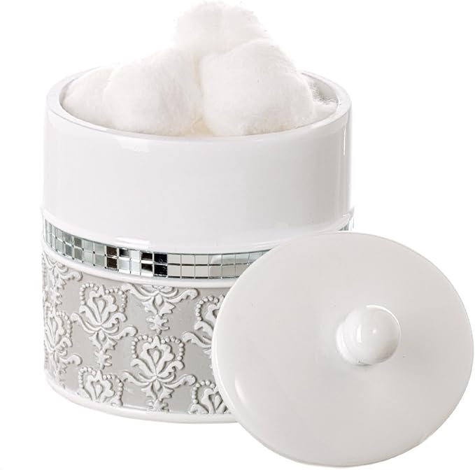 Creative Scents Mirror Damask Gray & White Cotton Swab/Qtip Holder with Lid