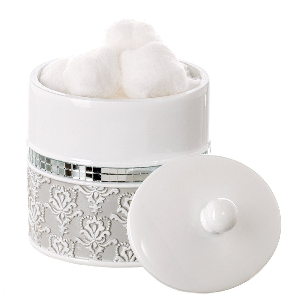 Creative Scents Mirror Damask Gray & White Cotton Swab/Qtip Holder with Lid