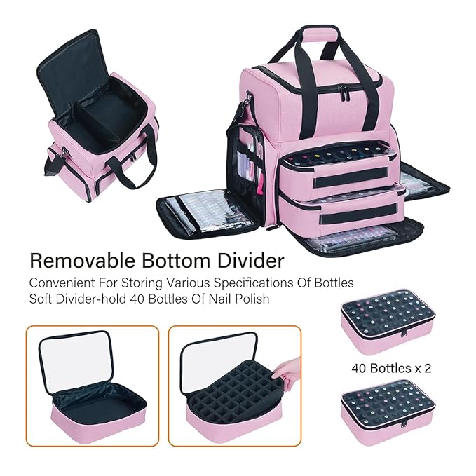 Nail Polish Organizer Holds 80 Bottles & Nail Art Lamp, Portable Large Capacity Storage with 2 Removable Storage Bags Store Nail Art Tools, Suitable for Manicurists and Manicure Enthusiasts(Pink)