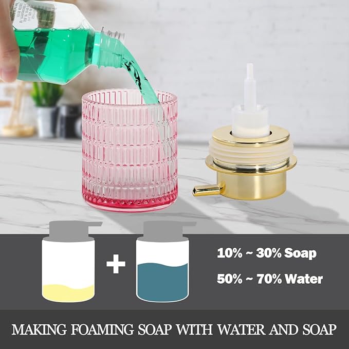 Tonxus Foaming Soap Dispenser, Pink Glass Foam Soap Dispenser for Bathroom and Kitchen, 10 Oz Refillable Foaming Pump Bottle with Large Pump, Ribbed Bottle Container Decor