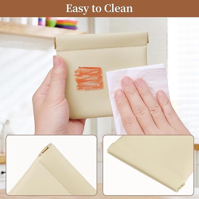 MEIBOOCH 2 Pack Small Makeup Bag for Women, New Organosilicon Super Fiber PU Leather Mini Cosmetic Bag for Travel, Coin Purse Organizer Storage Pouch (No Phrase Printed, Beige)