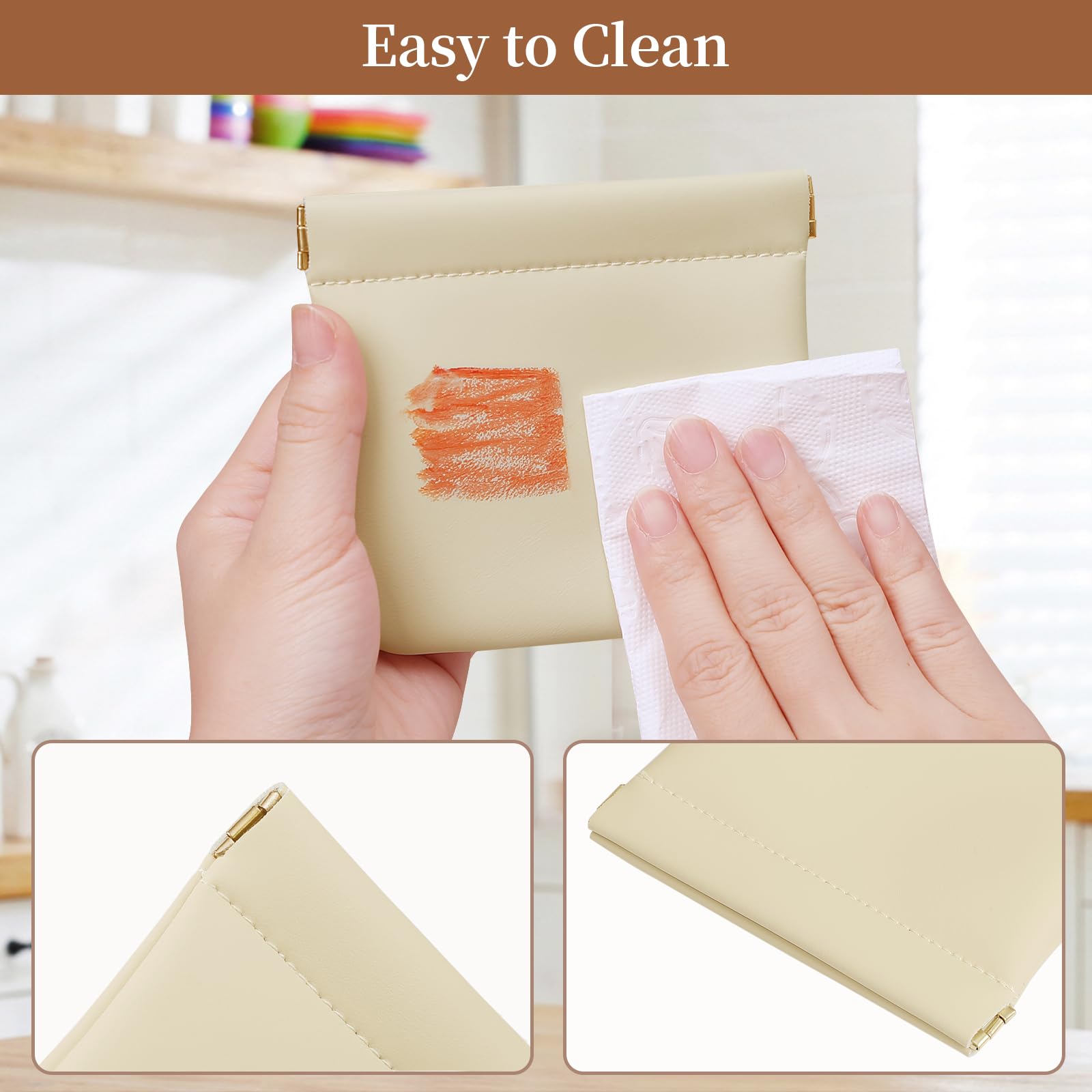 MEIBOOCH 2 Pack Small Makeup Bag for Women, New Organosilicon Super Fiber PU Leather Mini Cosmetic Bag for Travel, Coin Purse Organizer Storage Pouch (No Phrase Printed, Beige)