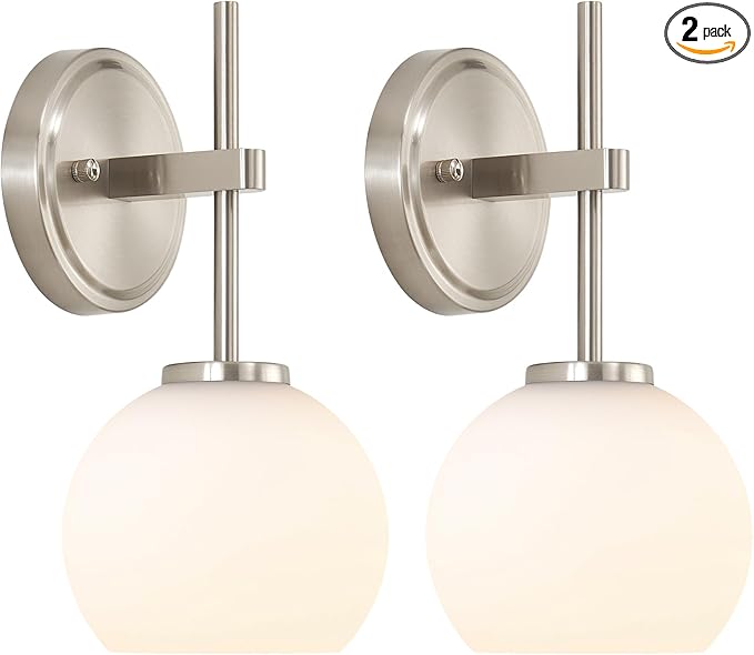 Brushed Nickel Battery Operated Wall Sconce Set of 2, Wireless Rechargeable Sconces Wall Lighting with Remote Control, LED Wall Lights with Opal White Glass Shade, 12 Colors RGB & 3 CCT Bulb