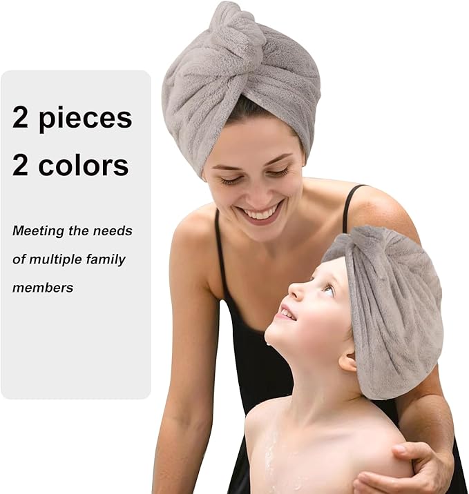 Microfiber Hair Drying Towel Wrap for Women, Hair Turbans Towel for Wet Hair,turbie Twist Hair Towels(The Color of the Picture is for Reference only) (Gray,Gray)
