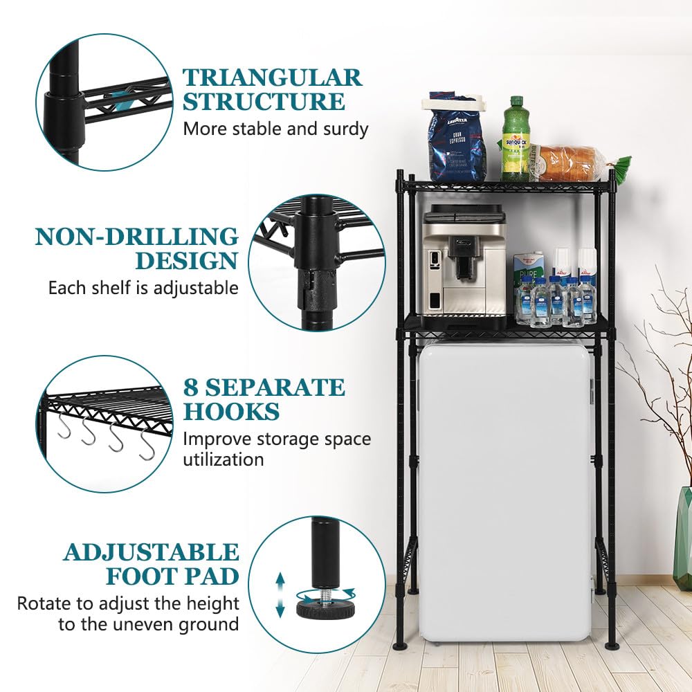 KELIXU Mini Fridge Shelf 2-Tier Metal Mini Fridge Stand with Storage, Adjustable Height Microwave Stand Multifunctional Rack for Dorm, Kitchens, Offices, Easy to Install, 52” H x 24” W x 18” D, Black