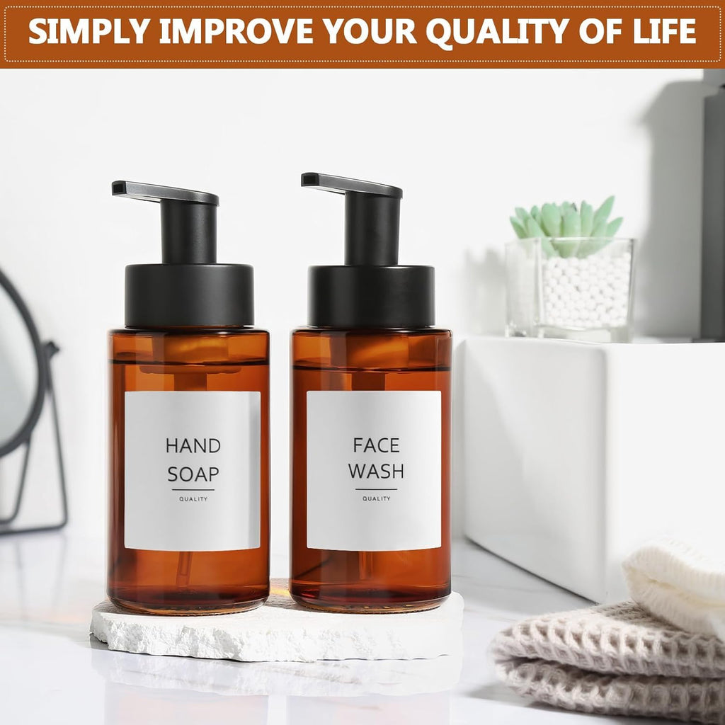 RYTOXILO Amber Foam Soap Dispenser, 10 oz/300ml Glass Foaming Soap Dispenser, 2 Pcs Foaming Hand Dispenser for Bathroom & Kitchen, Refillable Bottle with Waterproof Labels