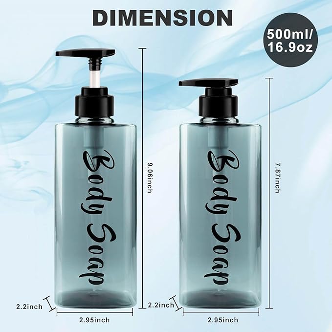 AUMIO 16.9oz Shampoo Dispenser for Shower (3 Pack) - Refillable Shampoo and Conditioner Bottles with Pump, Empty Clear Blue Plastic Body Wash Container Set, Printed Shower Soap Dispensers for Bathroom