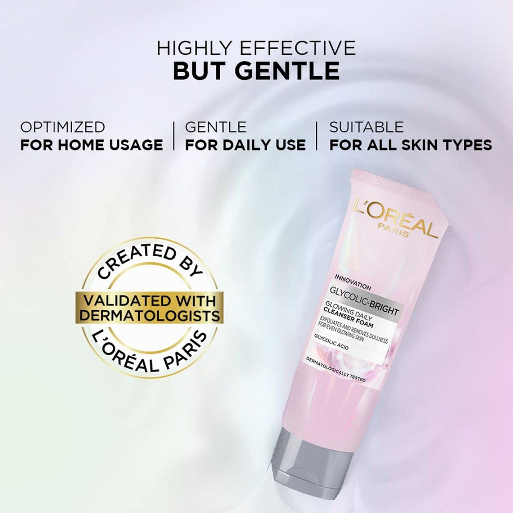L'Oreal Paris Glycolic Bright Daily Foaming Face Cleanser, 100ml | Glycolic Acid Face Wash for Dull Skin | Daily Glowing Facial Cleanser