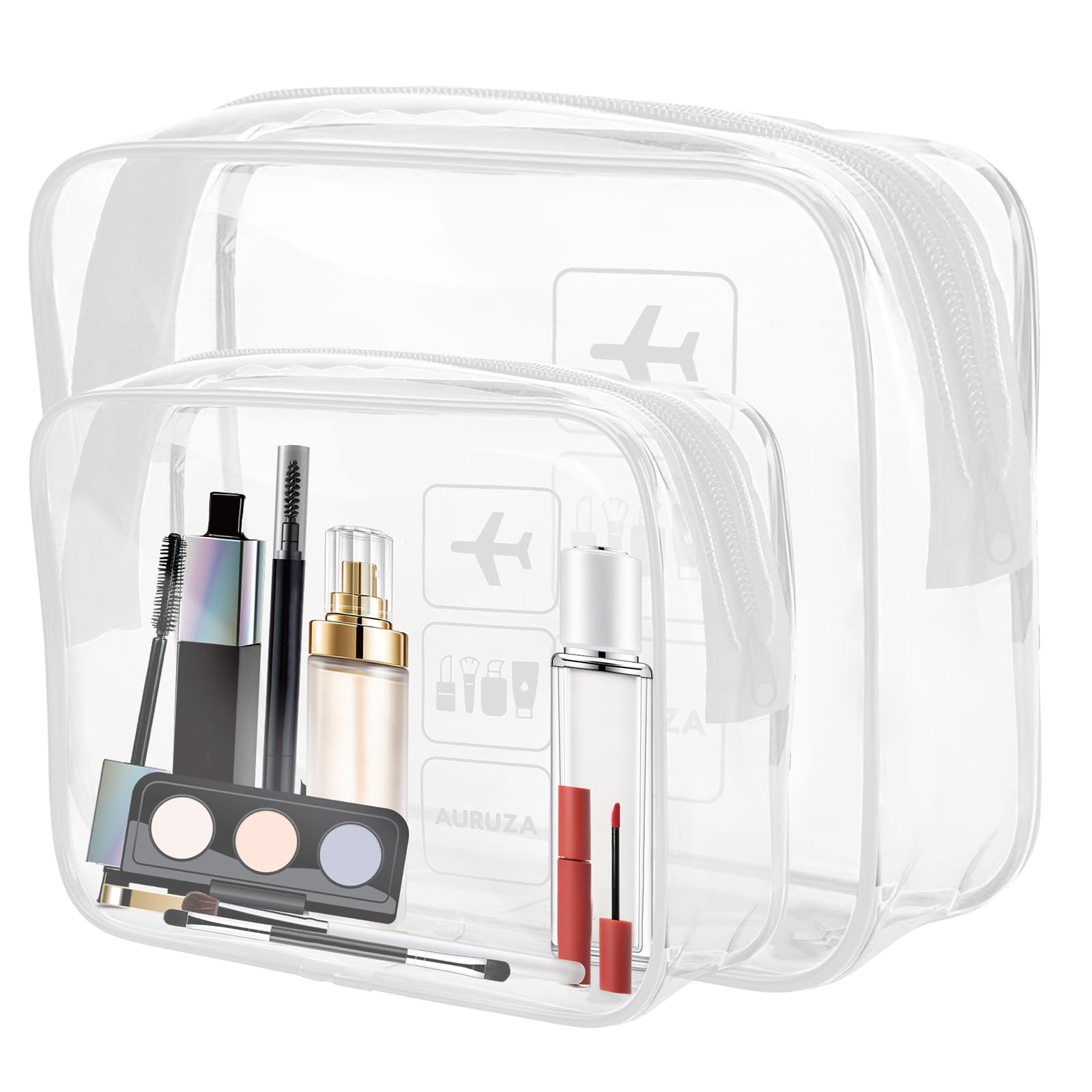 AURUZA 2 Pack Travel Toiletry Bag, Clear Makeup Bag, TSA Approved Cosmetic Bag with Zipper, Clear Organizer Carry on Bag for Women, PVC Cosmetic Pouch