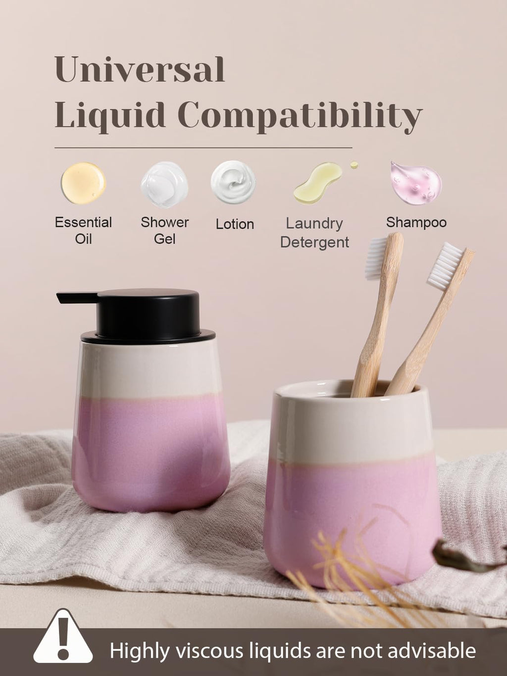 INGOFIN Ceramic Hand Soap Dispenser - 12 oz Liquid Lotion Dispenser Bathroom, Refillable Modern Dish Soap Dispenser with Pump for Kitchen, Beige and Pink