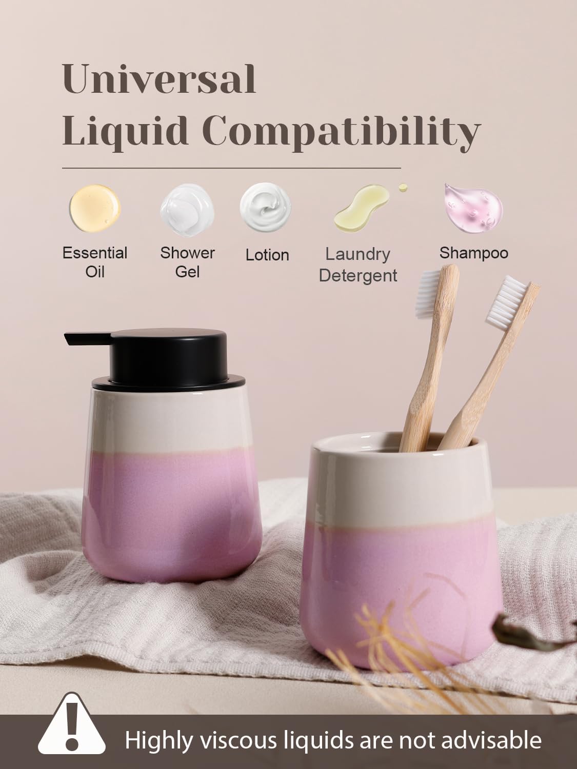 INGOFIN Ceramic Hand Soap Dispenser - 12 oz Liquid Lotion Dispenser Bathroom, Refillable Modern Dish Soap Dispenser with Pump for Kitchen, Beige and Pink
