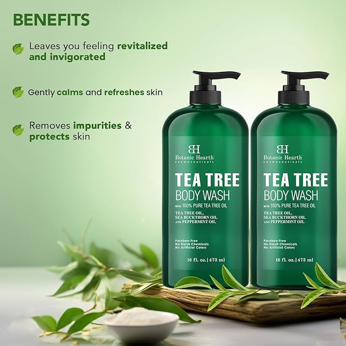 Botanic Hearth Tea Tree Body Wash, 16 Fl Oz (473 ml) Pack of 2 | With Tea Tree Oil, Peppermint & Sea Buckthorn | Gently Cleanses, Refreshes & Nourishes Skin | Sulfate & Paraben Free | For Men & Women