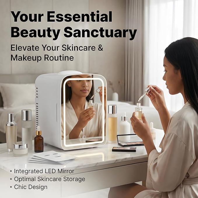 Lispin 4L Mini Skincare Fridge with Dimmable LED Mirror, Portable Beauty Refrigerator for Makeup, Cosmetic, Personal Small Refrigerator with Cooler and Warmer for Bedroom, Office and Car