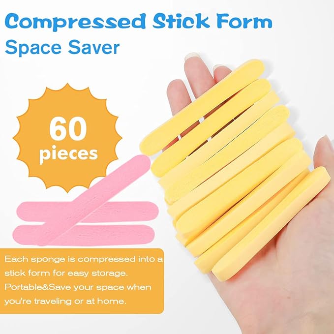 Tegelrying Facial Sponge Compressed,60 Pcs PVA Professional Makeup Removal Wash Round Face Sponges Spa Pads Exfoliating Cleansing for Women,Yellow,Pink