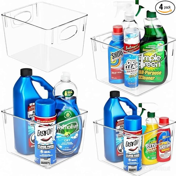 4-Pack Clear Plastic Storage Bins with Handles (8.7"x7.5"x6") – Compact Organizers for Fridge, Freezer & Pantry – Non-Slip Food Safe Containers for Snacks, Yogurt, Spices, Makeup & Office Supplies
