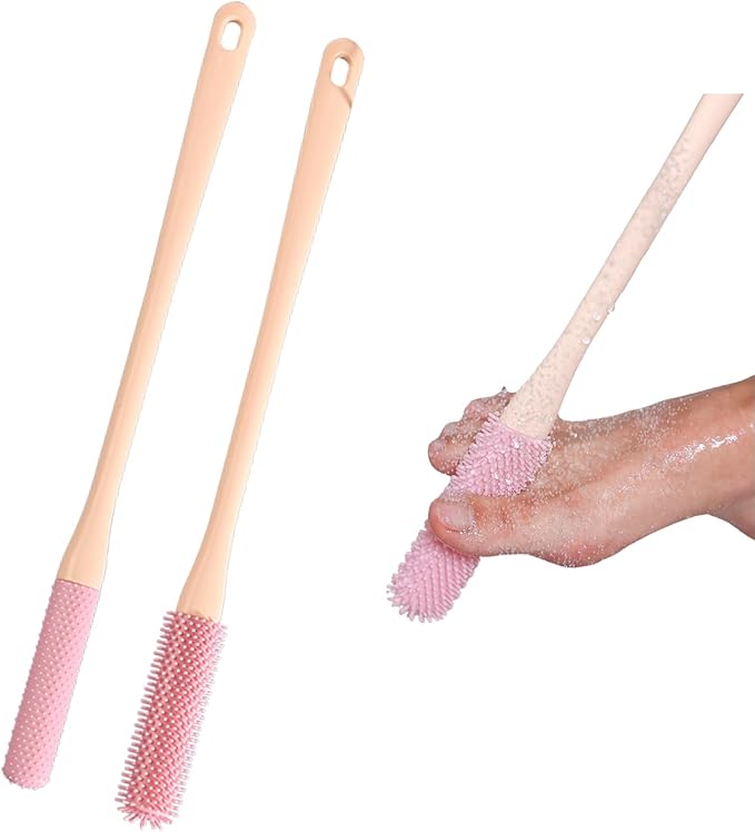 Nurlypop Toe Cleaning Brush with 15.7" Long Handle,Shower Foot Scrubber,No Bending, Ideal for Seniors, Expecting Mothers, Men & Women | Foot Scrubber & Anti-Itch Exfoliating Brush (2 Pack) (Pink)