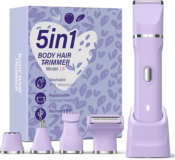 HOHOLE 5-in-1 Bikini Trimmer for Women, IPX7 Waterproof Electric Razors Shaver, Cordless Body Hair Trimmer, Facial & Pubic Hair Removal, Ceramic Blade (Purple)