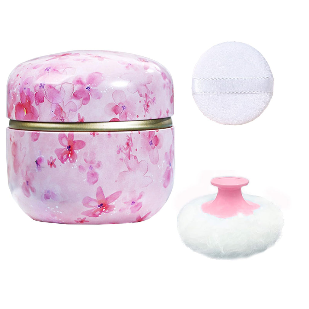 Qopoto Body Powder Puff and Container for Dusting Powder, Women Powder Puff and Powder Case for Bath and Travel (Sakura)