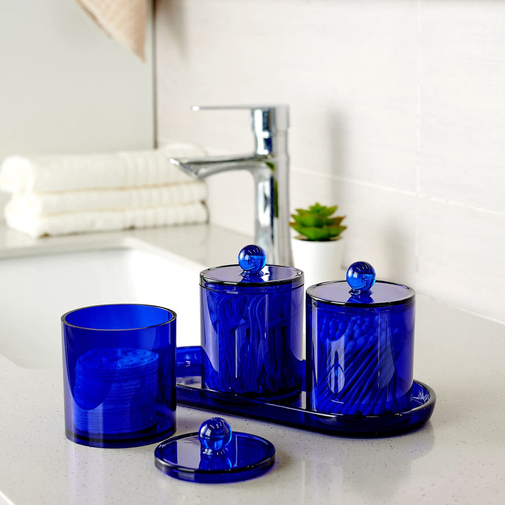 SheeChung 3 PCS Qtip Holder Bathroom Set with Tray, Acrylic Apothecary Jars