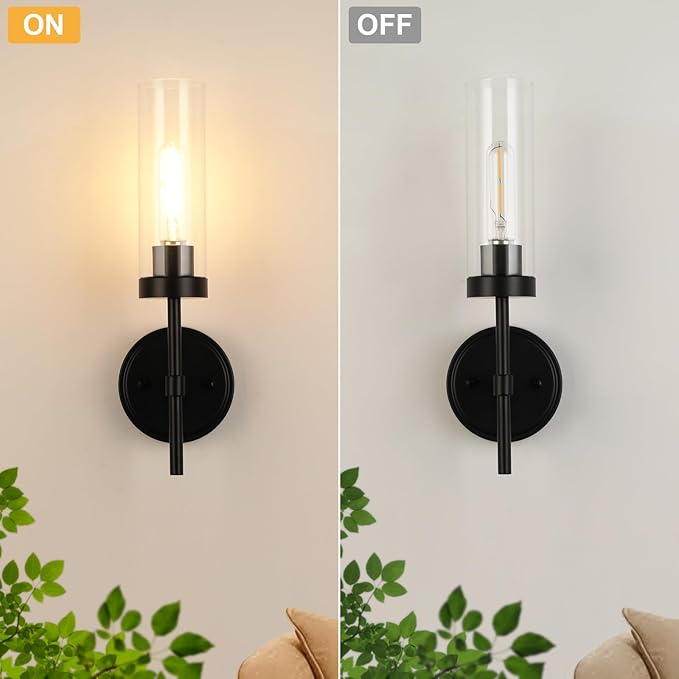 WILON Black Wall Sconces Set of 2, Bathroom Sconces Vanity Light Fixtures with Clear Glass Shades, Indoor Rustic Farmhouse Wall Lamps for Bedroom Living Room Bathroom Bedside Hallway Mirror