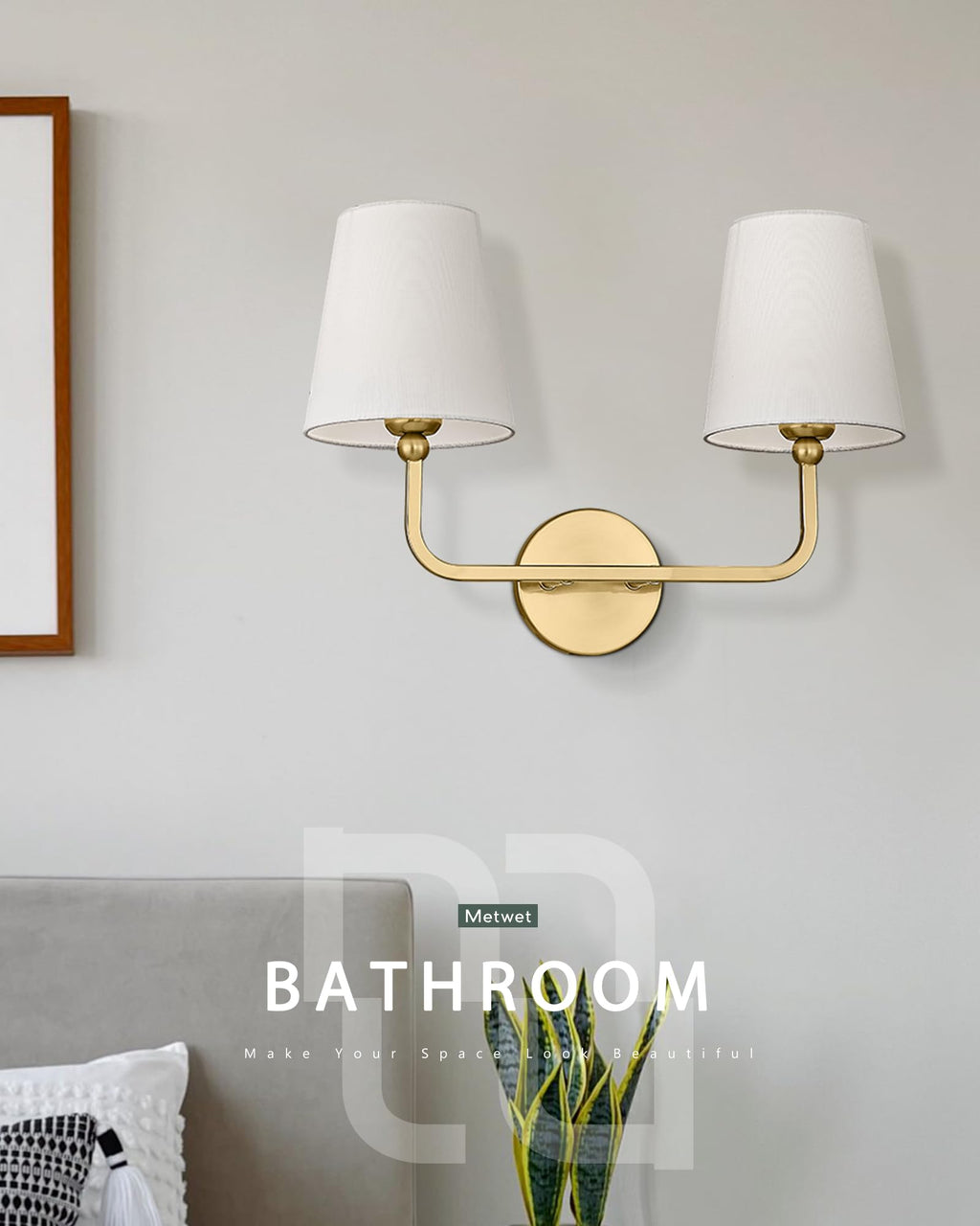 METWET 2 Light Bathroom Vanity Light, Brushed Gold Double Wall Sconce with Flared White Fabric Shade, Modern Sconces Wall Lighting for Hallway Bedroom Stairway, VL837-BG