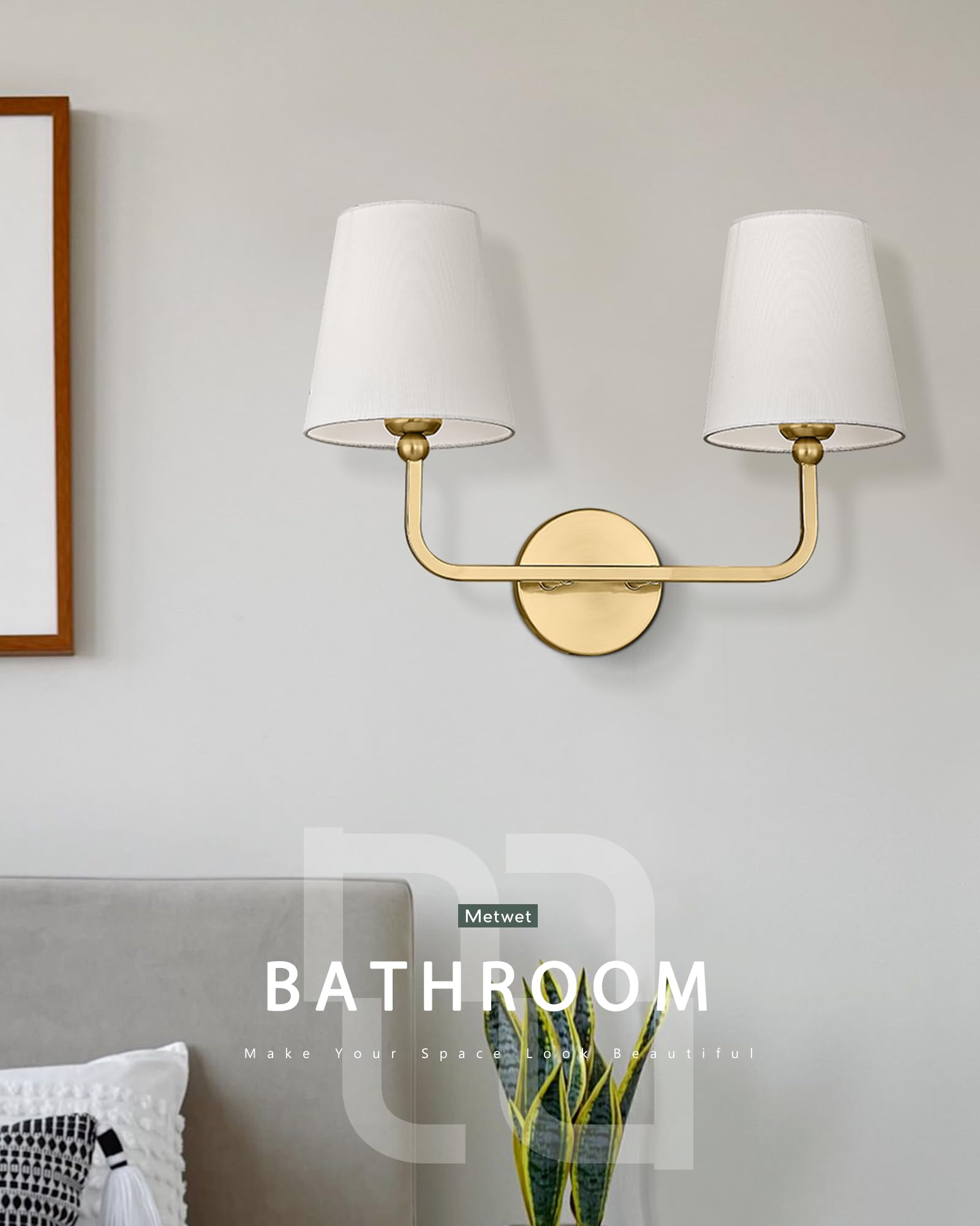 METWET 2 Light Bathroom Vanity Light, Brushed Gold Double Wall Sconce with Flared White Fabric Shade, Modern Sconces Wall Lighting for Hallway Bedroom Stairway, VL837-BG