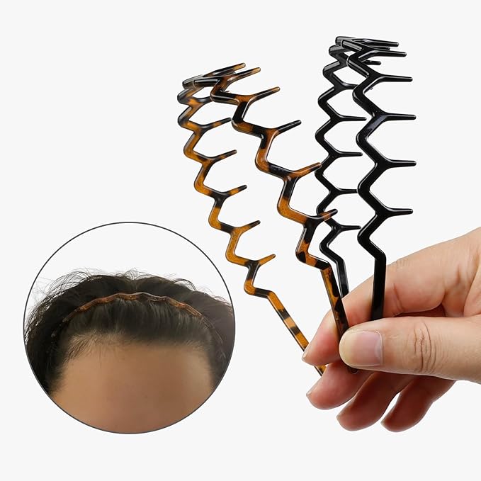 WOVOWOVO Zig Zag Headbands for Women Teen Girls Men, Plastic Hair Bands with Teeth Thin Zigzag Head Bands for Women's Hair, Non Slip Black Comb Hairbands Accessories, 4 Packs