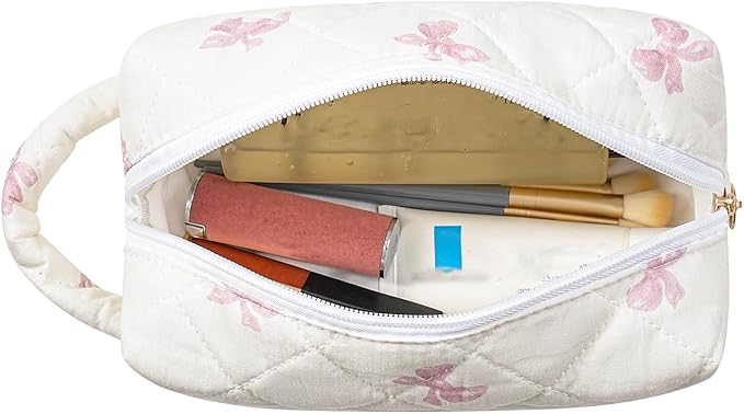 HHQQWZ Makeup Bag Travel Cosmetic Bag for Women, Zipper Make Up Pouch, Floral Flowers Toiletry Organizer Makeup with Handle, Cosmetic Travel Cloth Bag (Pink Bow Tie)