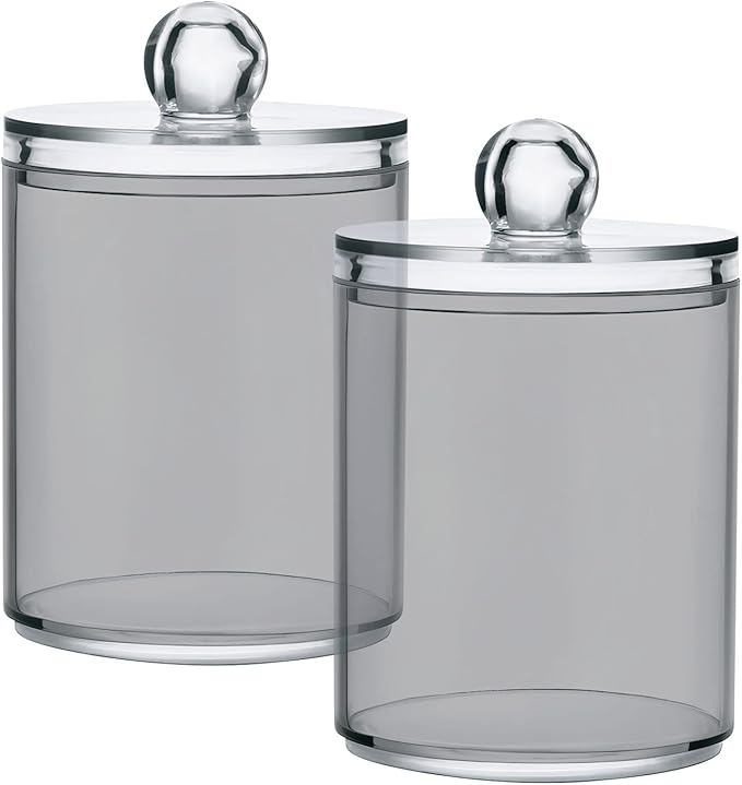 Grey Qtip Holder Organizer Dispenser Cotton Swabs Cans Plastic Jars with Lid Set 2 Pack Bathroom Storage Canister for Cotton Ball Floss Cotton Pads