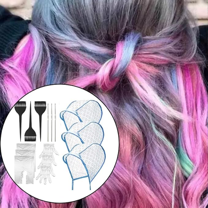 15 Pcs Hair Highlighting Cap Kit Hair Dye Caps with Dye Brushes Hair Highlighting Needles Crochet Hooks Dye Shawl Disposable gloves for Shawl Salon DIY Hairdressing(Blue)