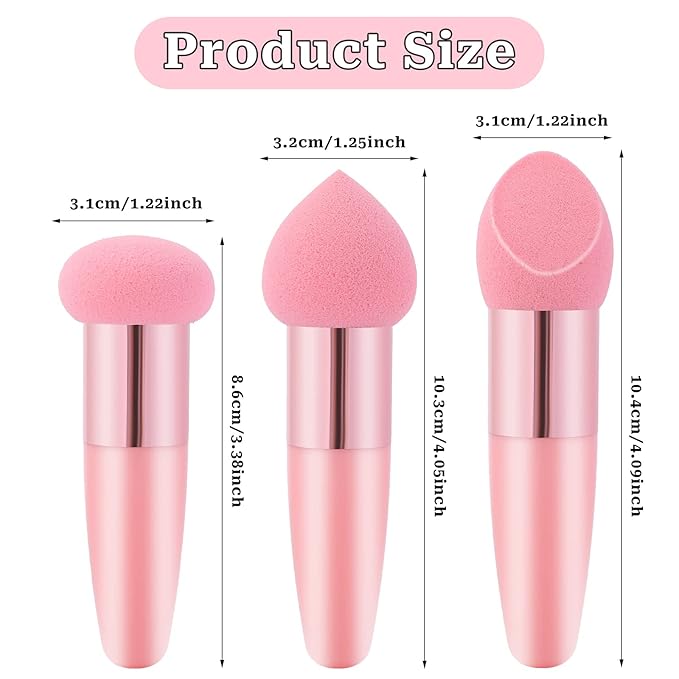 3Pcs Makeup Sponge Facial Foundation Sponge Professional Makeup Sponge with Handle Dry & Wet Use Makeup Sponges for Foundation