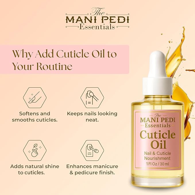 The Mani Pedi Essentials Nourishing Cuticle Oil enriched with Jojoba Oil, Vitamin E & Sweet Almond Oil. Manicurist's Choice for Healthy, Nourished Nails & Cuticles – 1 Fl Oz