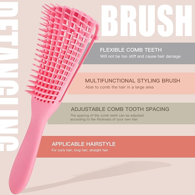 5 Pcs Detangling Brush Set - Cushion Nylon Bristles, Dual Edge, Teasing, and Styling Comb (Pink)