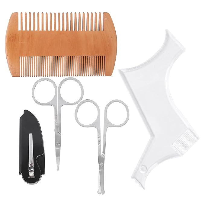Beard Shaping Tool, Professional Beard Grooming Styling Set with Transparent Template Comb and Stainless Steel Scissors for Men Facial Hair Care