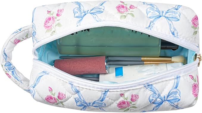 HHQQWZ Makeup Bag Travel Cosmetic Bag for Women, Zipper Make Up Pouch, Floral Flowers Toiletry Organizer Makeup with Handle, Cosmetic Travel Cloth Bag (Blue Bowknot)
