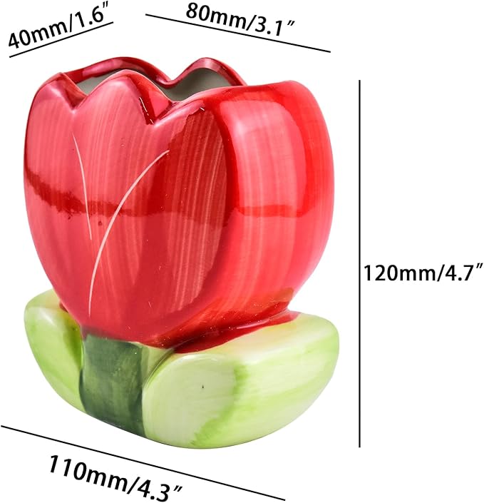 ESIW Ceramic Tulip Cosmetic Storage Box, Desktop Organizers Make Up Brush Storage Stand Desktop Storage Box for Brush,Pencil,Art Supplies, Painting Brush (Red)