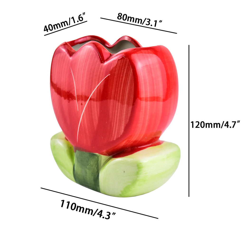 ESIW Ceramic Tulip Cosmetic Storage Box, Desktop Organizers Make Up Brush Storage Stand Desktop Storage Box for Brush,Pencil,Art Supplies, Painting Brush (Red)
