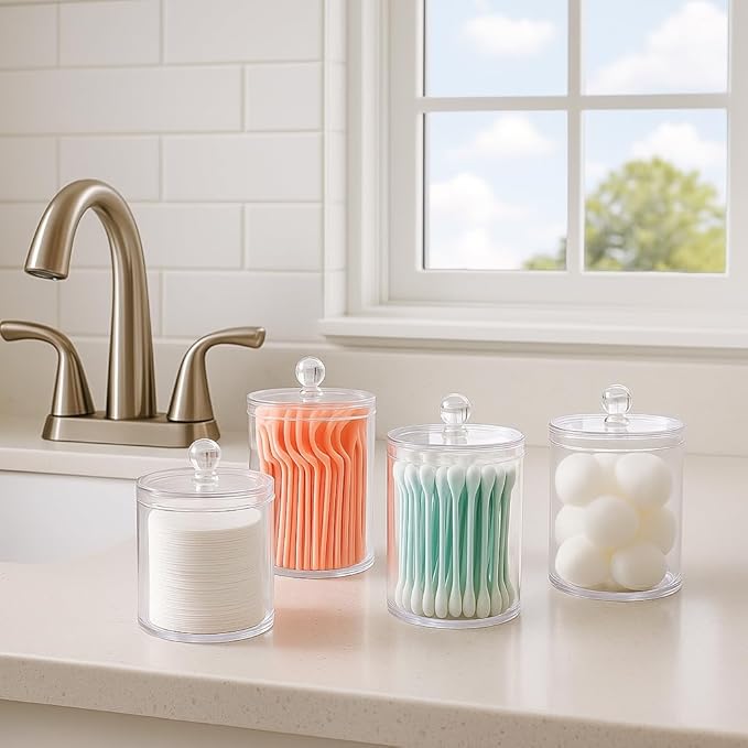 Havenity Acrylic Qtip Holder Bathroom Set, Bathroom Containers with Lids, Clear Plastic Apothecary Jars, Q Tip Holder Bathroom Set, Cotton Swab Holder, Cotton Ball Holder (Pack of 4)